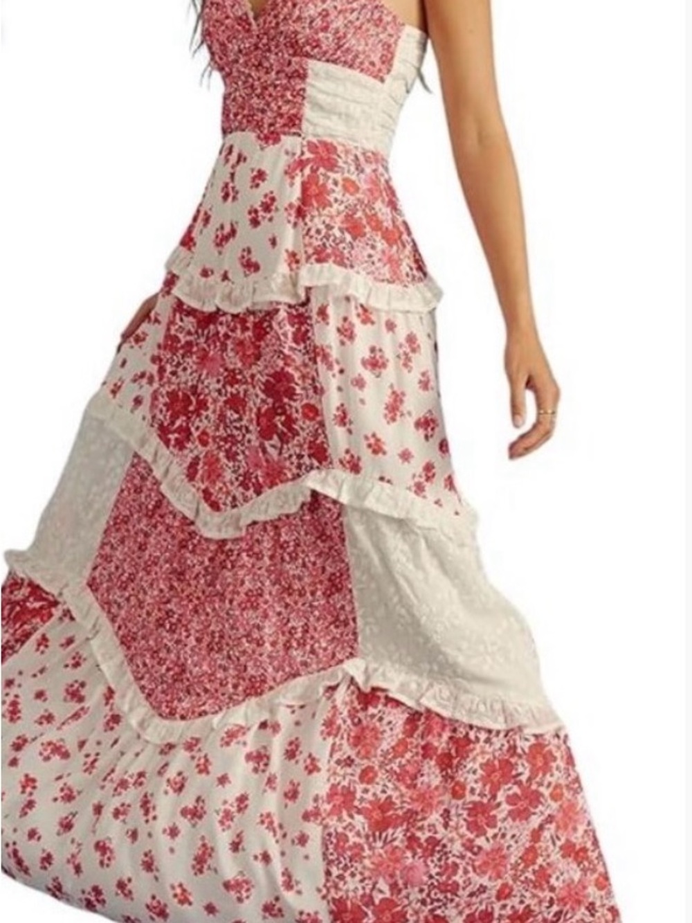 Altar'd State Red and White Floral Tiered Maxi Dress